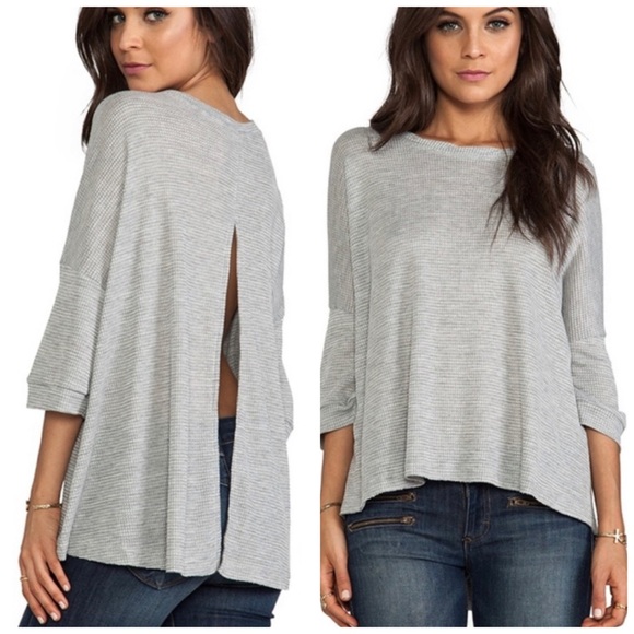 Free People Women’s M Top Gray Storyteller Waffle Knit Open Back Oversized - Picture 1 of 10